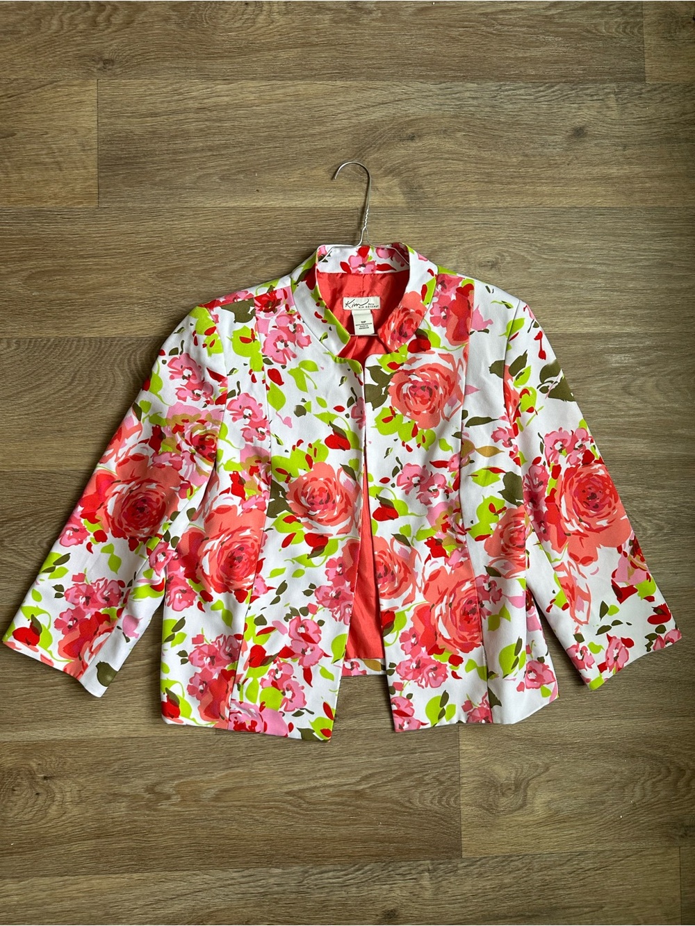 Kim Rogers Petite 10P Floral Open Front Blazer Jacket Coral Pink Green Cottage
